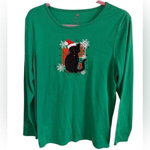 Mercer Street‎ Studios vintage black cat Christmas Green Knit Top. Size Large